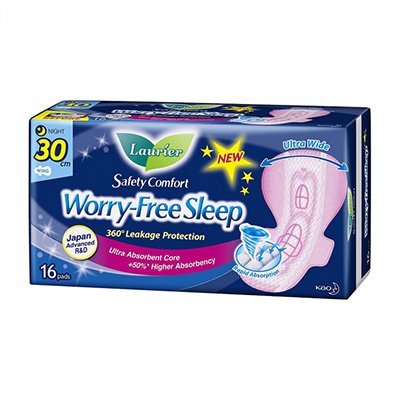 Laurier Safety Comfort Worry Free Sleep Night Wing 30cm 16's - Carton